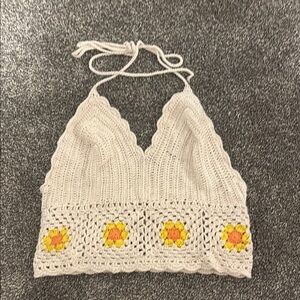 Aerie White Crochet Crop Top with Yellow and Orange Floral Accents